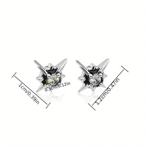 Silver star earrings for men with clear round zircon stones and size measurements
