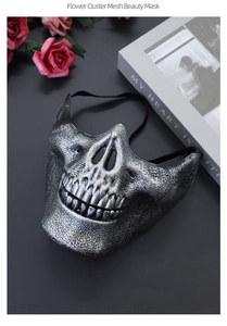 Silver skull half face mask with bionic bone texture and red rose detail for parties