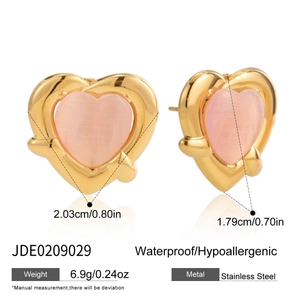 Detailed view of pink cat eye heart earrings with gold stainless steel frames and dimensions