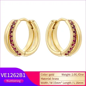 Elegant gold brass hoop earrings with ruby red cubic zirconia, 15mm width, luxury design