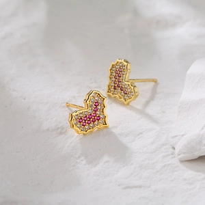 18K gold plated heart stud earrings with pink and white cubic zirconia pave setting