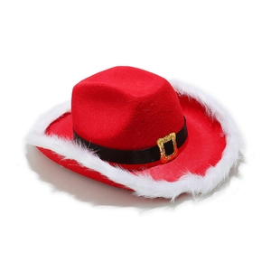 Cappello da cowboy natalizio rosso con bordo in peluche bianco e fibbia dorata elegante