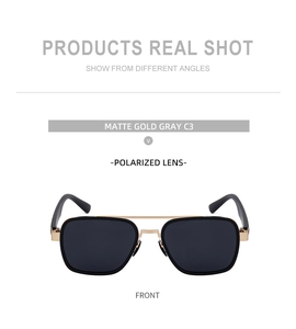 Close-up of polarized sunglasses with matte gold frame and grey lenses in C3 style