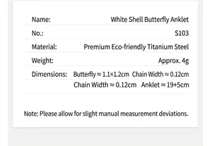 Detailed size specifications for butterfly anklet made of durable titanium steel