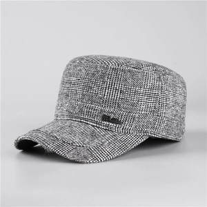 Winter men's thickened tweed cadet cap with ear flaps and metal side logo detail