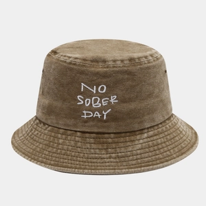 Detail of vintage washed cotton bucket hat with NO SOBER DAY embroidery and metal eyelets