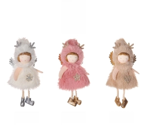 Three plush Christmas angel deer pendants in white, pink and brown with antler hats