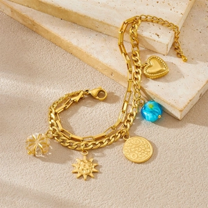 Golden stainless steel double-layered bracelet with sun, heart and beaded charms