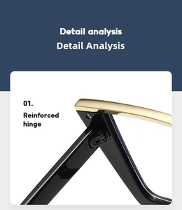Macro view of reinforced metal hinge on black cat-eye glasses with gold accents