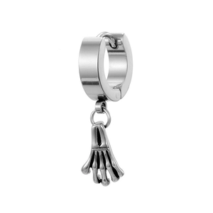 Detail of silver stainless steel hoop earring with skeletal hand skull pendant