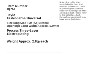Detailed size chart for the adjustable 5mm wide enamel heart ring with plating specifications