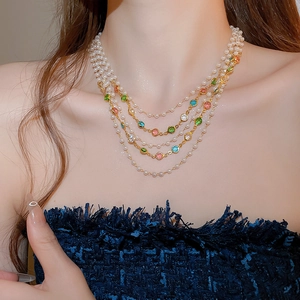 Close-up of multilayered pearl and colorful crystal bead necklace for women's neckline