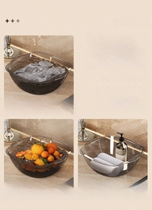 Detailed views of gray transparent washbasin with handles for laundry and washing fruit