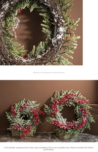 Close-up of red berries and pine needles with snow effect on Christmas wreath rattan