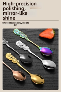 Detail of five-color stainless steel rose spoons with high-polished mirror finish