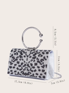 Detailed size specifications for the silver leopard rhinestone evening clutch bag