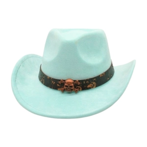 Detail of mint blue cowboy hat with gothic skull accessories and dark decorative band