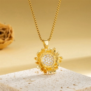 Sunflower Pendant Necklace Stainless Steel Zircon Inlaid Box Chain Clavicle Chain Jewelry For Women
