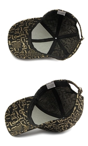 Detail of 100% polyester baseball cap featuring gold vintage letter print and inner label