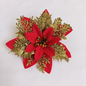 Close-up of 14cm red and gold glitter Christmas flower decoration for wreaths and trees