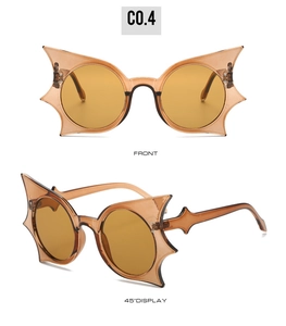 Detail view of stylish amber bat-shaped sunglasses from both front and 45-degree angles