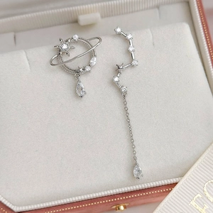Detailed macro view of asymmetric silver planet earrings with stars and zircon tassels