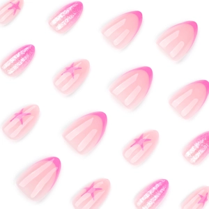 Pink French almond press-on nails with sweet stars and glitter gradient design