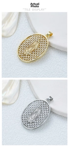 Detail of oval religious pendant with Virgin Mary relief and cubic zirconia in gold and silver