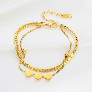 Zweilagiges goldenes Herz-Armband mit Schlangenkette aus Titanstahl für Damen