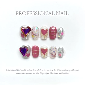 Y2K handmade press-on nails with 3D purple heart rhinestones and pink melting hearts