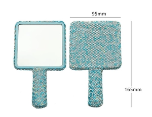 Detailed view of rhinestone handheld makeup mirror with dimensions 95mm by 165mm