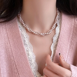 Elegant double-layer pink pearl choker necklace with a glossy finish for women