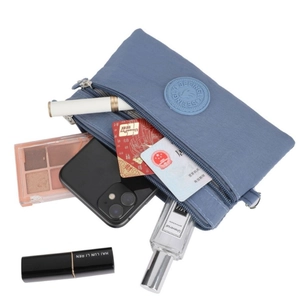 Blue nylon multi-zipper phone bag with organized inner pockets and card slots