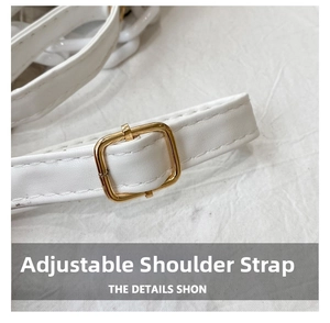 Detail of adjustable white PU leather strap with premium gold square pin buckle