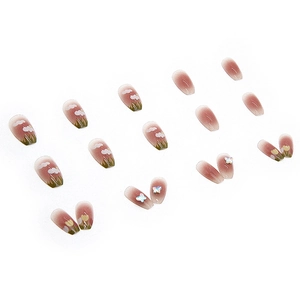 Short ballet press-on nails with red-brown gradient, 3D butterfly, and flower art