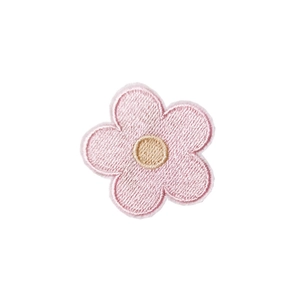 Pink macaron flower embroidery patch with self-adhesive backing on white background