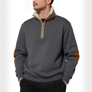 Men's dark grey quarter-zip sweatshirt with retro stand collar and brown elbow patches