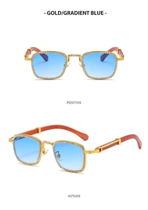 Detailed views of gold square sunglasses with diamond accents and wood grain temples