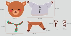 Detailed size chart for reindeer cartoon magnets showing dimensions of all seven parts