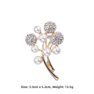 Detailed view of alloy flower brooch with white pearls and rhinestones 3.3x5.2cm