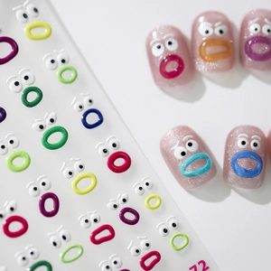 3D relief cartoon nail stickers featuring funny colorful mouth and eye expressions