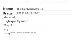 Detailed size chart for mini clutch bag showing 12.5x8cm dimensions and 70g weight specs