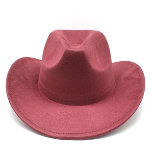 Detail of burgundy faux suede cowboy hat with reinforced stitching on curved brim