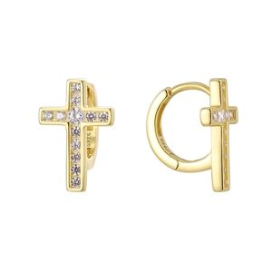14K gold plated S925 sterling silver hoop earrings with zircon studded crosses