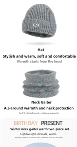 Detailed knit texture of winter beanie and neck warmer set with fleece lining