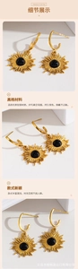 Detail of 18K gold plated titanium sun earrings with black stone and vacuum plating