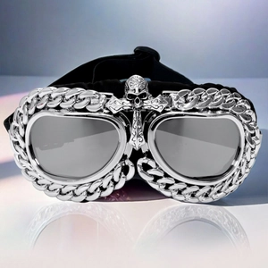 Silver punk sports goggles with cross skull emblem and thick chain metal frame details
