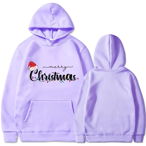 Light purple Christmas hoodie with Merry Christmas print and festive lights graphics