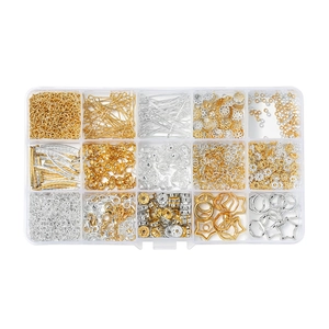 15-grid jewelry making kit with gold and silver beads, clasps and heart star charms
