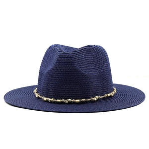 Dark blue straw fedora hat with ethnic style wooden beads and rope for beach vacations